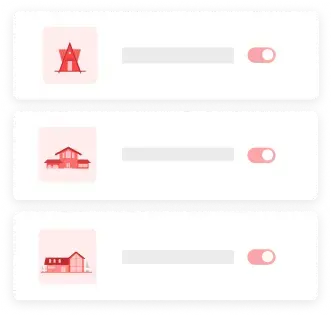 Three property cards with toggles
